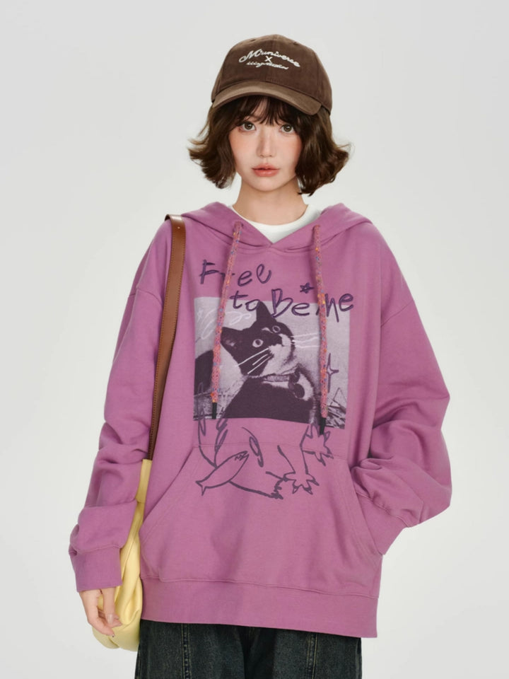 Embroidered Text Hoodie with Playful Cat Graphic