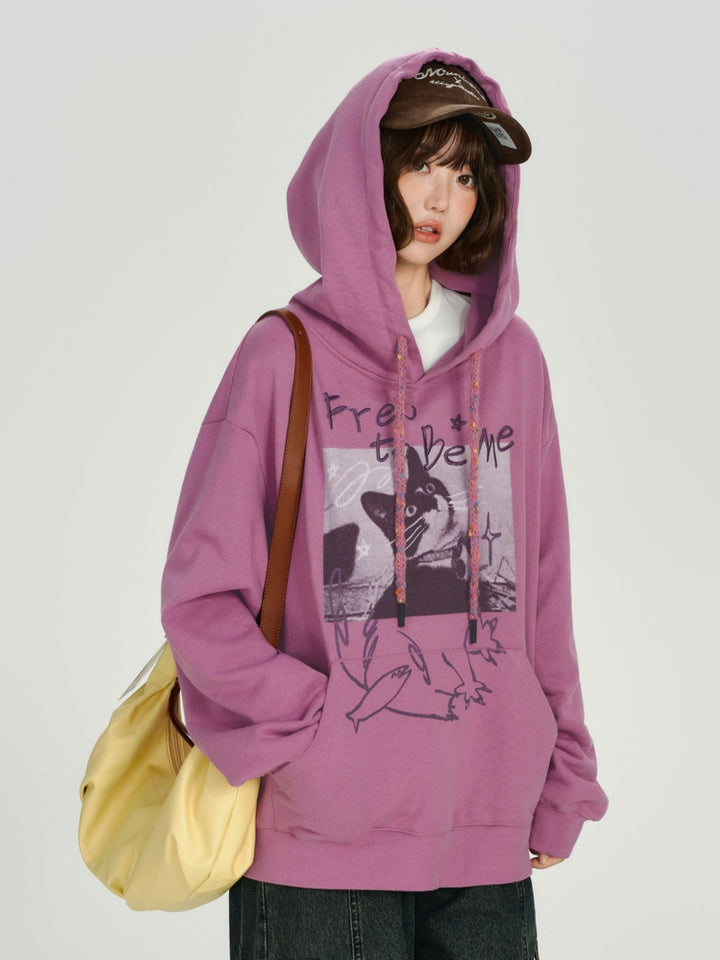 Embroidered Text Hoodie with Playful Cat Graphic