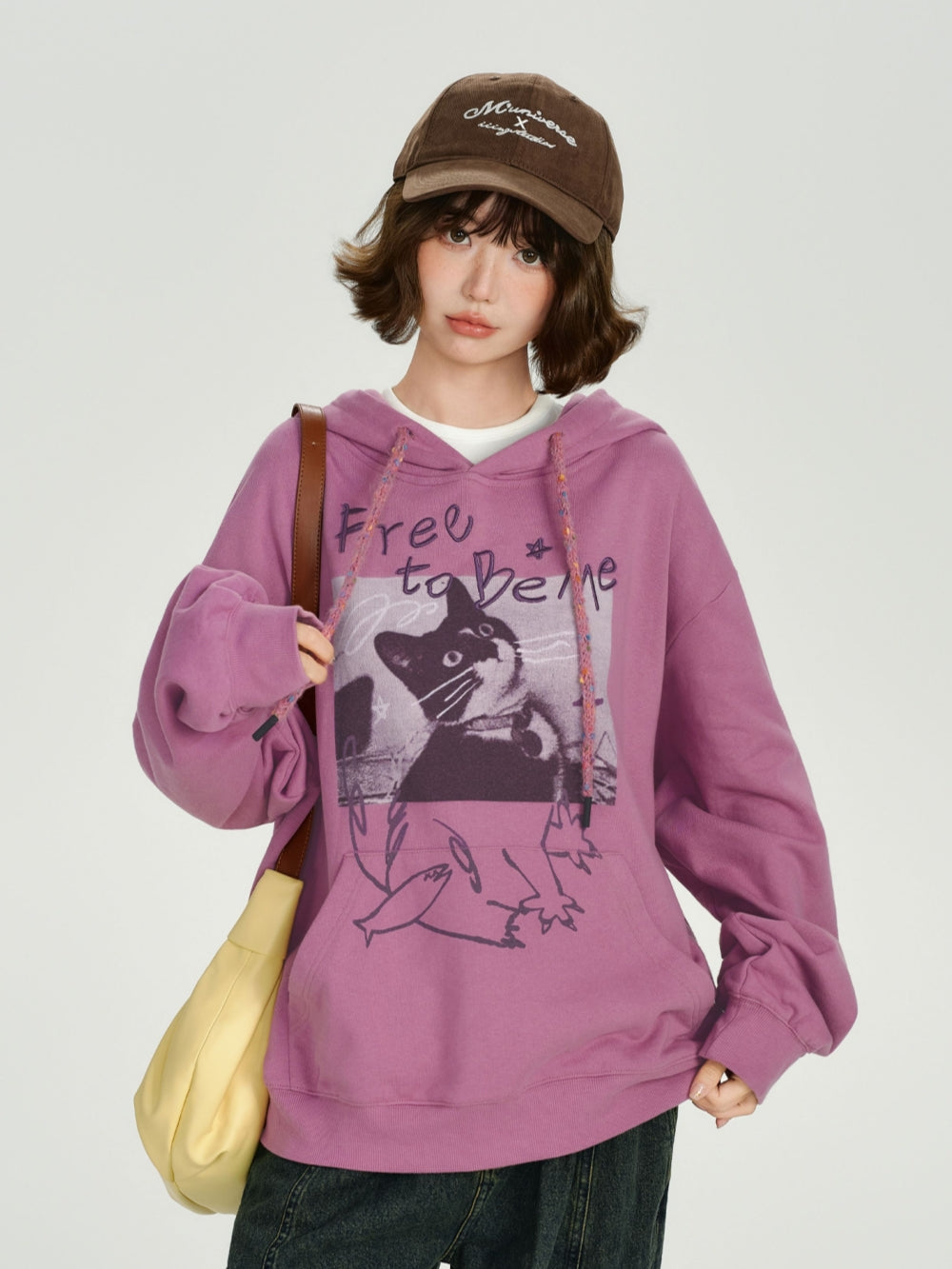 Embroidered Text Hoodie with Playful Cat Graphic