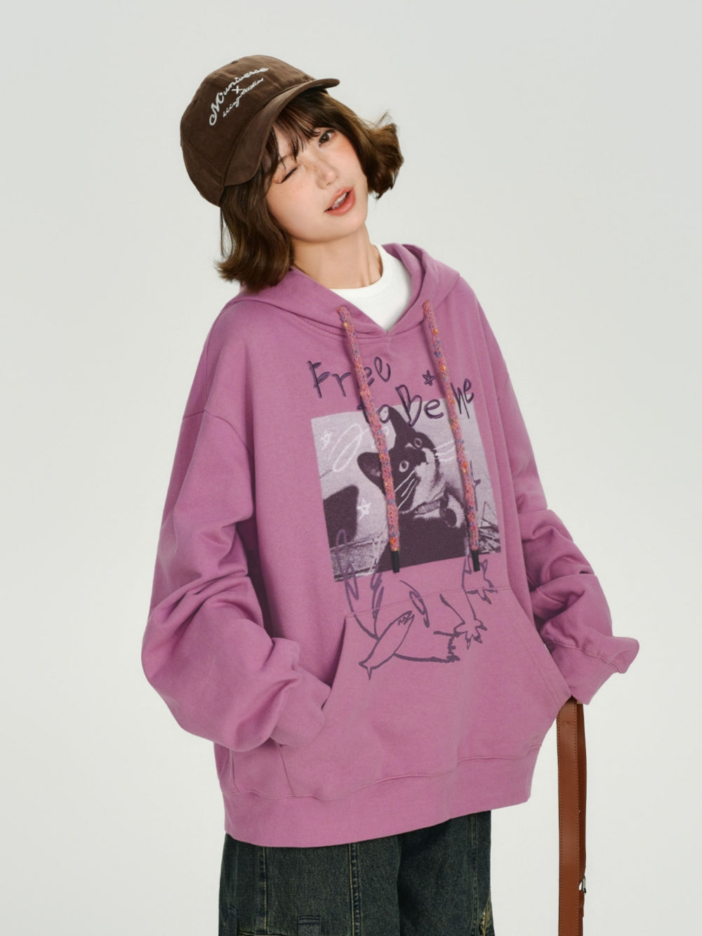 Embroidered Text Hoodie with Playful Cat Graphic