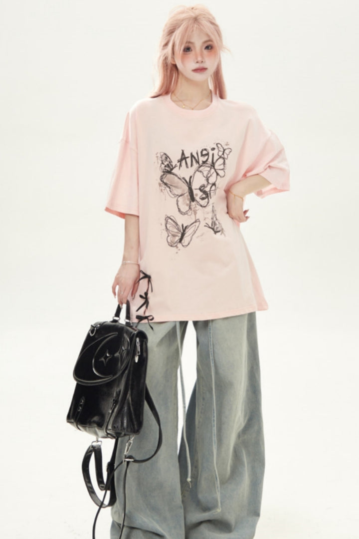 Feminine Butterfly Print Loose Fit T-shirt