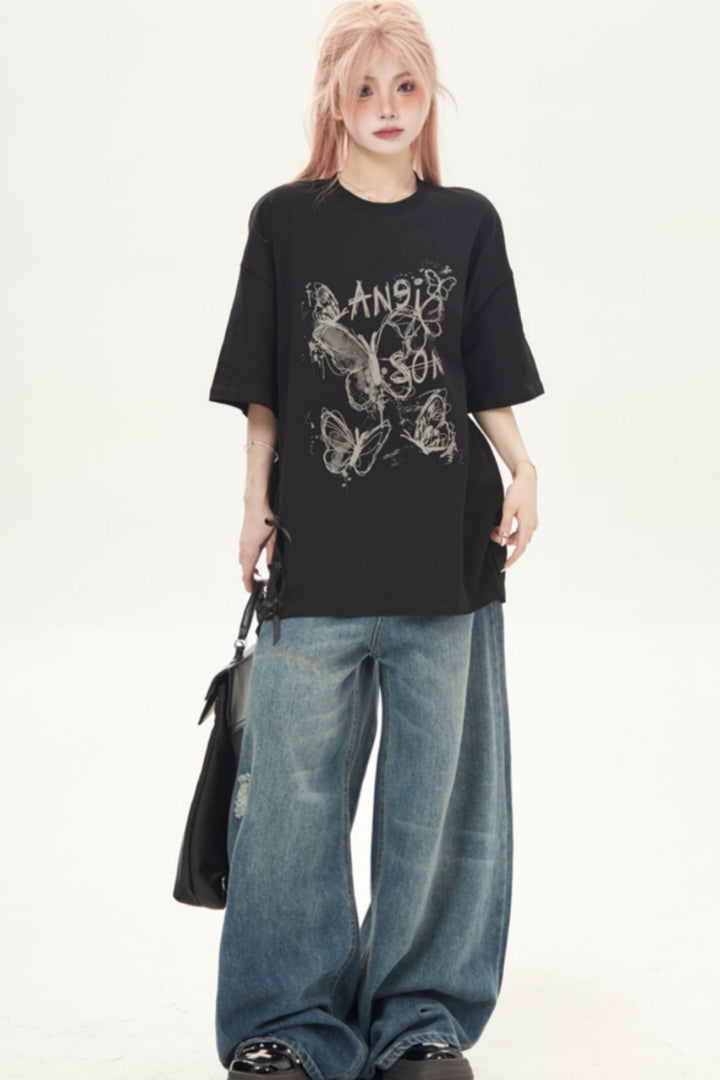 Feminine Butterfly Print Loose Fit T-shirt