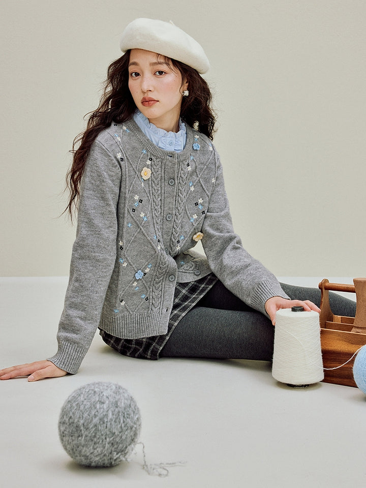 Floral Detailed Aran Knit Sweater Coat