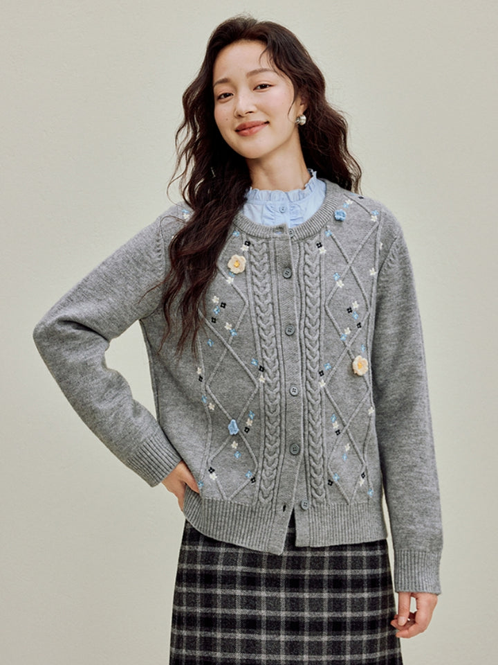 Floral Detailed Aran Knit Sweater Coat