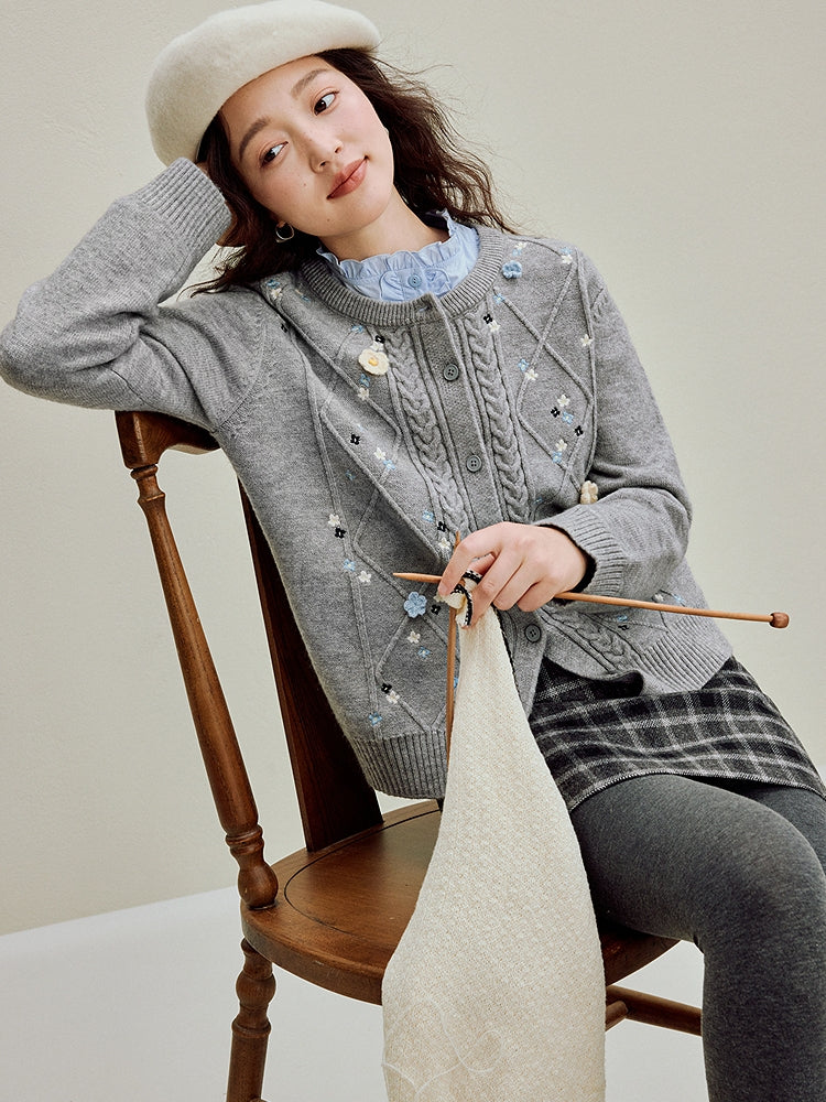 Floral Detailed Aran Knit Sweater Coat