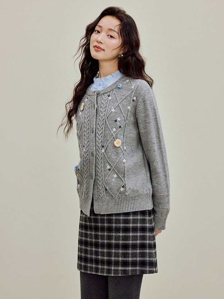 Floral Detailed Aran Knit Sweater Coat
