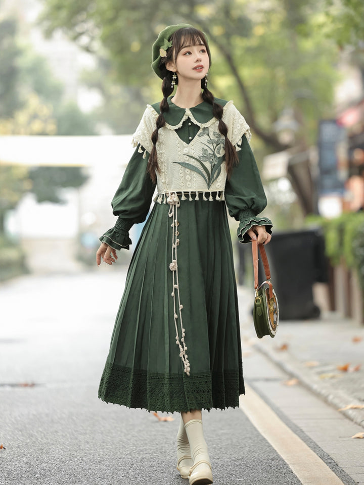 [Forest Whisper] Floral Embroidered Han-inspired Vest & Maxi Dress Outfit