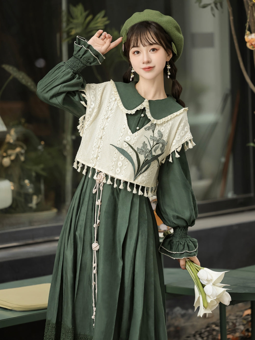 [Forest Whisper] Floral Embroidered Han-inspired Vest & Maxi Dress Outfit