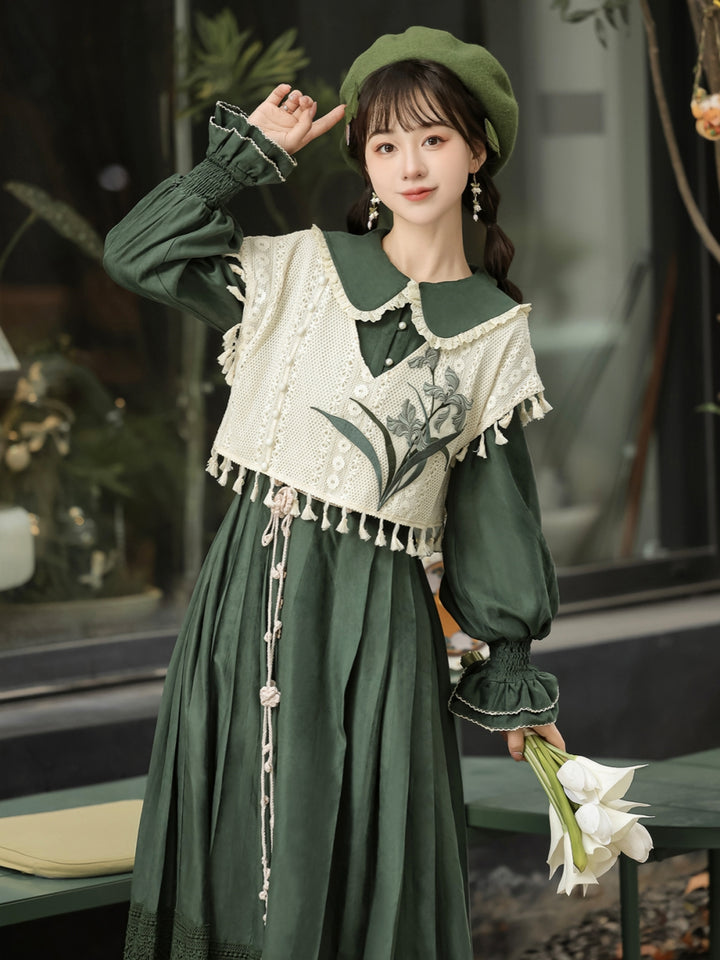 [Forest Whisper] Floral Embroidered Han-inspired Vest & Maxi Dress Outfit