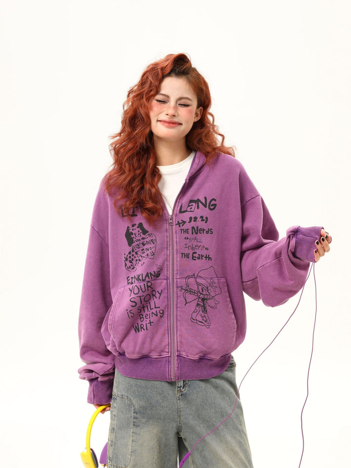 Fun Print Zip-Up Hoodie - Casual Pullover Jacket for Women