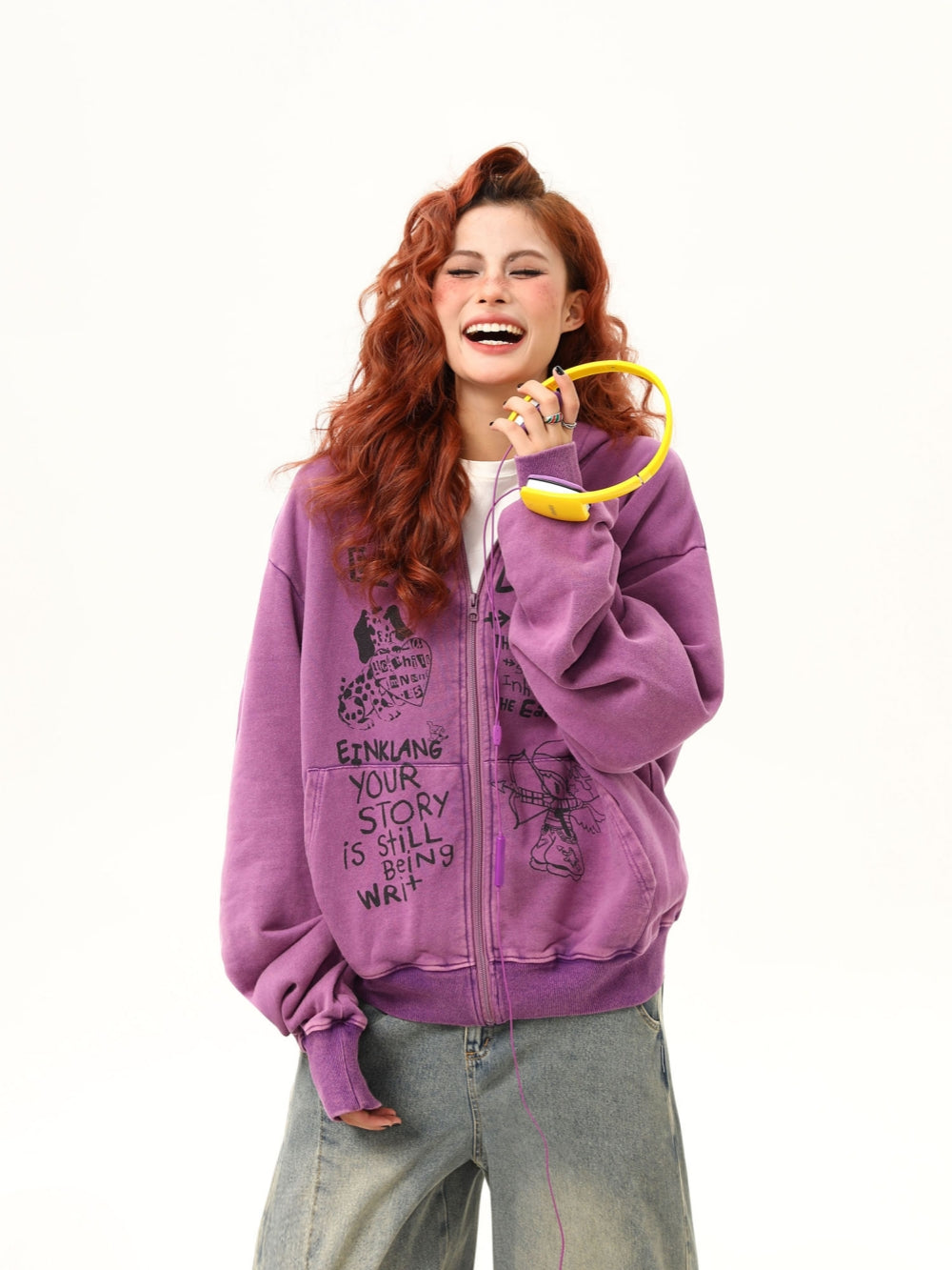Fun Print Zip-Up Hoodie - Casual Pullover Jacket for Women