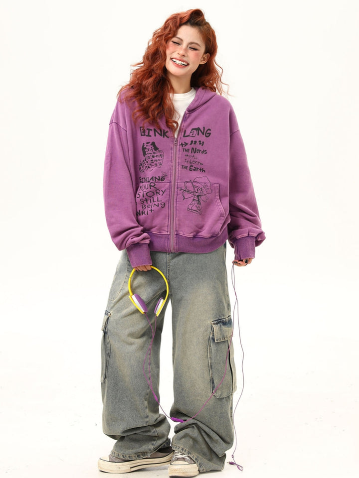 Fun Print Zip-Up Hoodie - Casual Pullover Jacket for Women