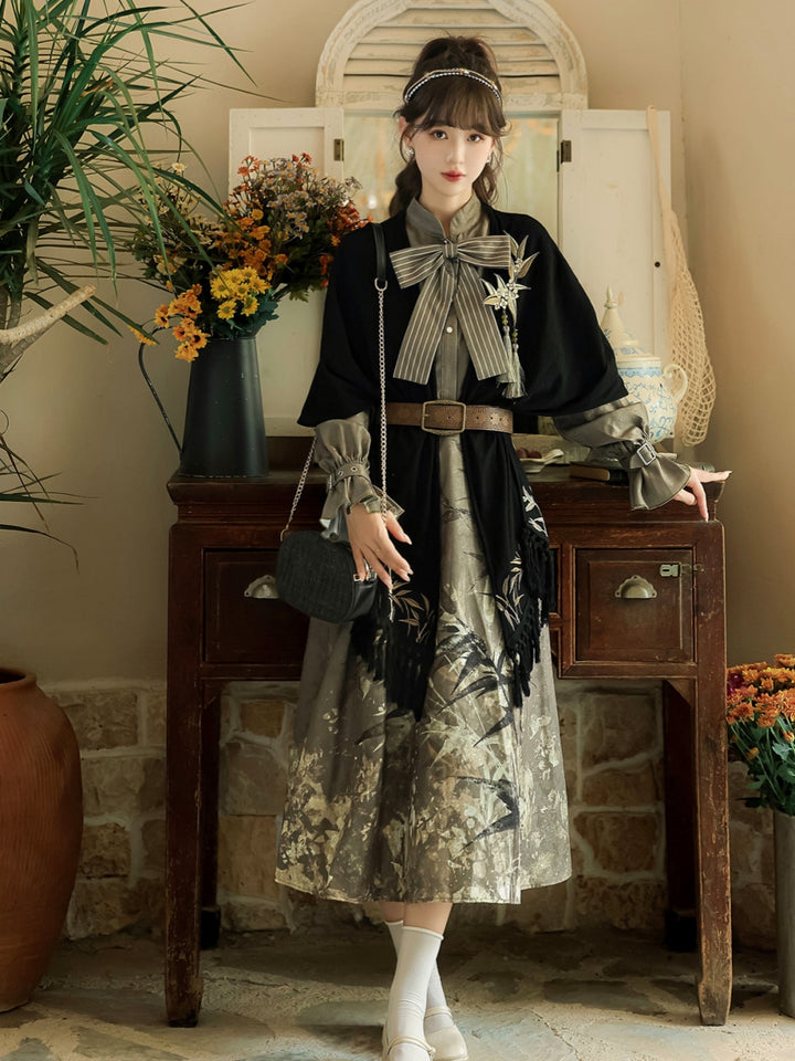 [ Gilded Bamboo Shadows ] Han-inspired Cape & Dress Ensemble