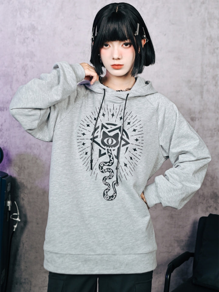 Gray Hoodie with Cat and Snake Print
