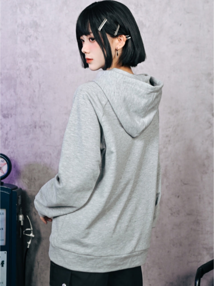 Gray Hoodie with Cat and Snake Print