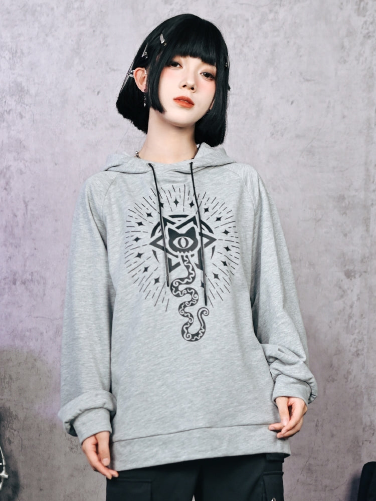 Gray Hoodie with Cat and Snake Print