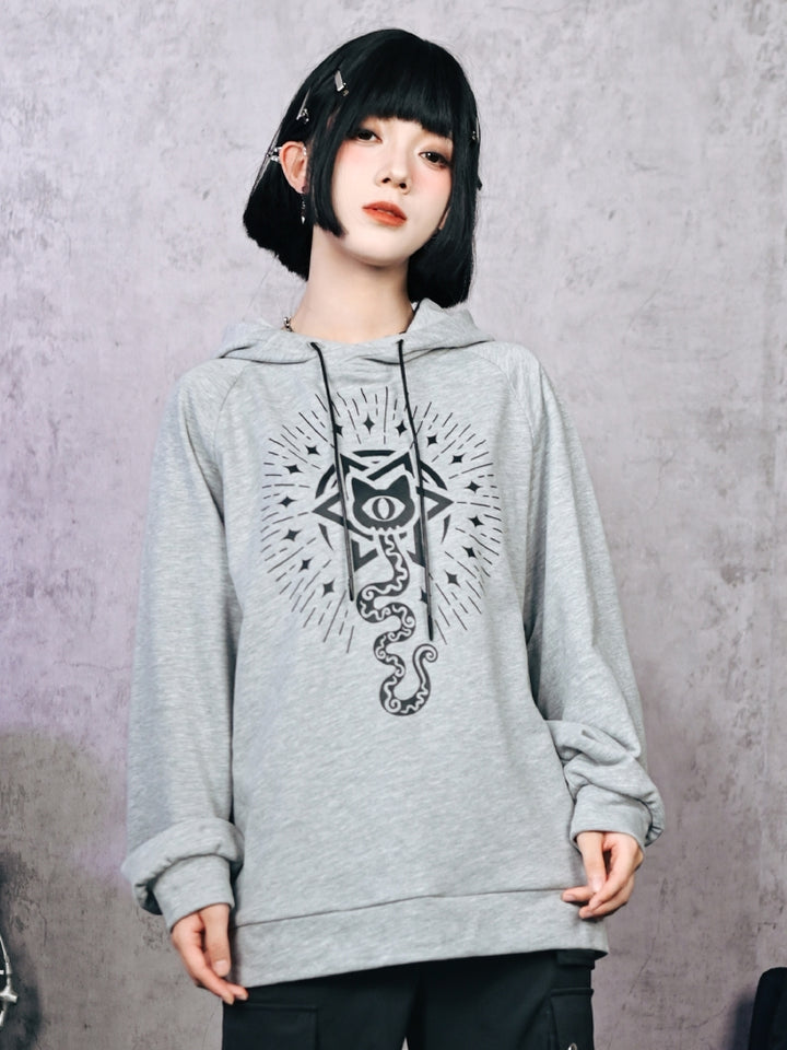 Gray Hoodie with Cat and Snake Print
