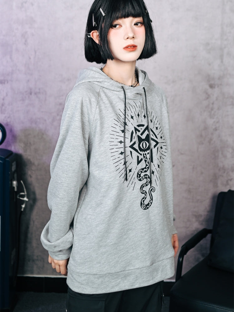 Gray Hoodie with Cat and Snake Print