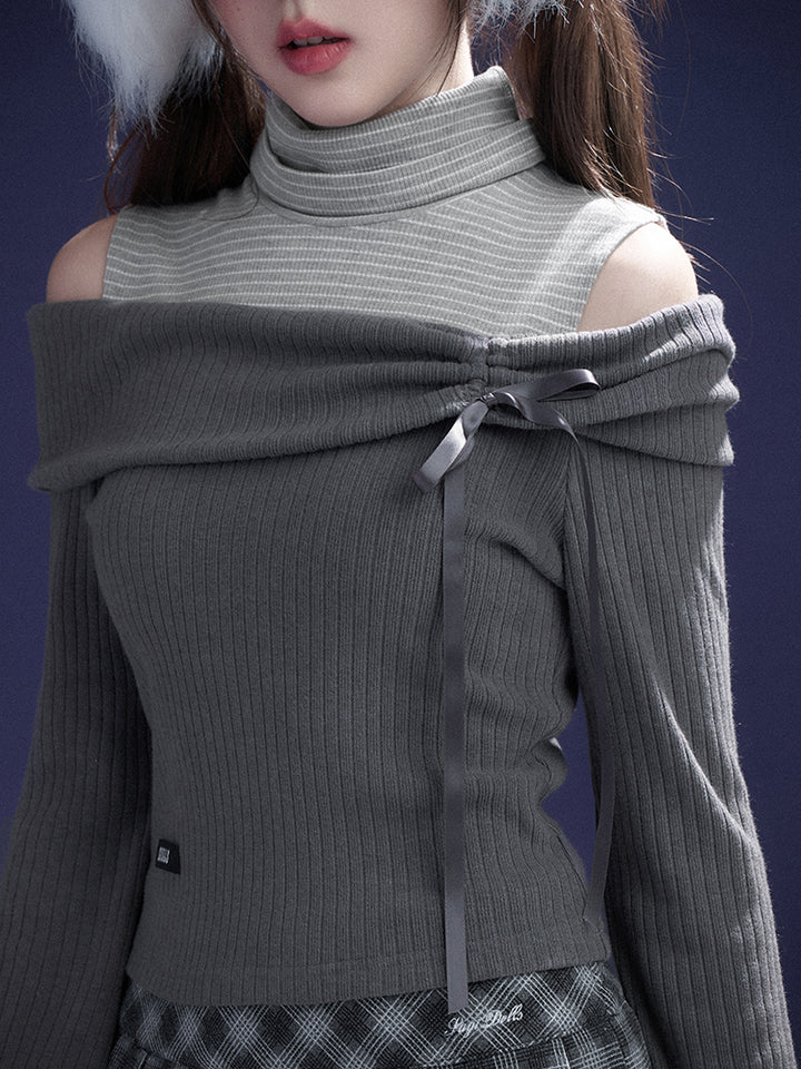Gray Off-Shoulder Faux Two-Piece Knit Top