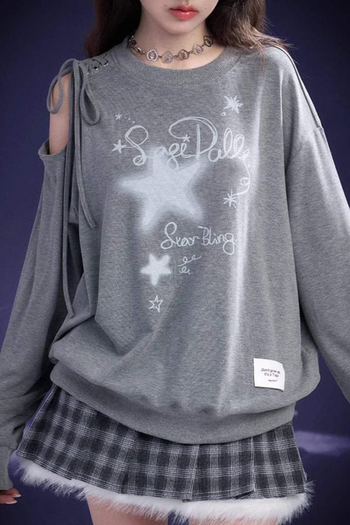 Gray Off-Shoulder Tie Tee