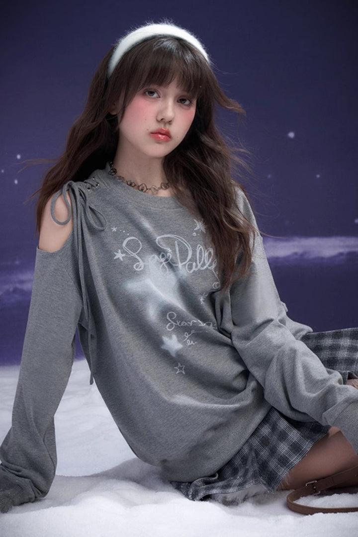 Gray Off-Shoulder Tie Tee