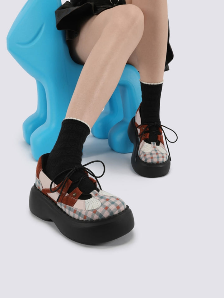 Checkered Lace-Up Design Patchwork Platform Shoes