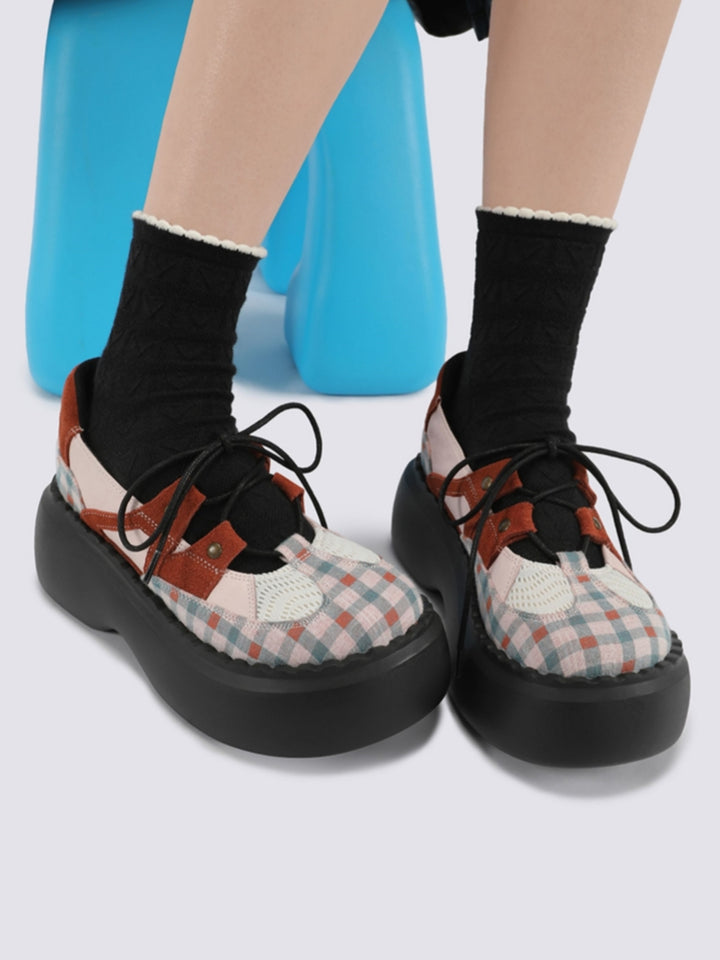 Checkered Lace-Up Design Patchwork Platform Shoes