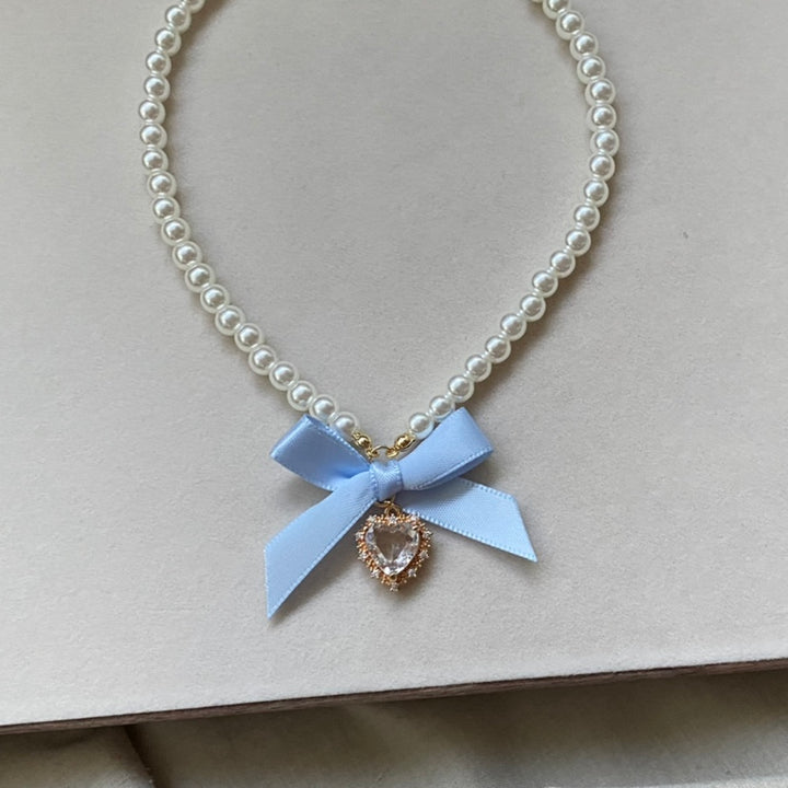 Love Heart Bowknot Pearl Necklace