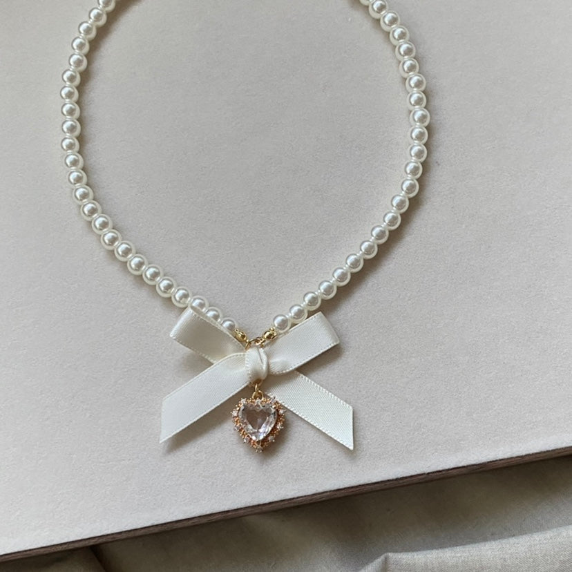 Love Heart Bowknot Pearl Necklace