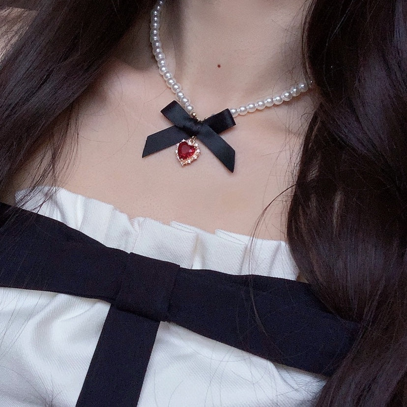 Love Heart Bowknot Pearl Necklace
