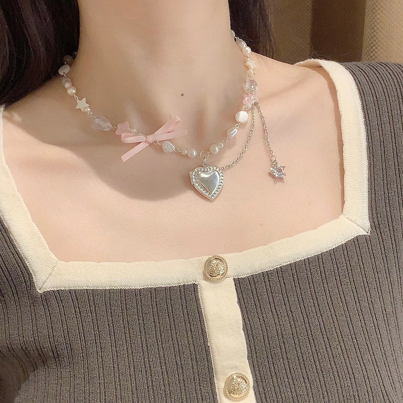 Love Heart Star Bowknot Necklace