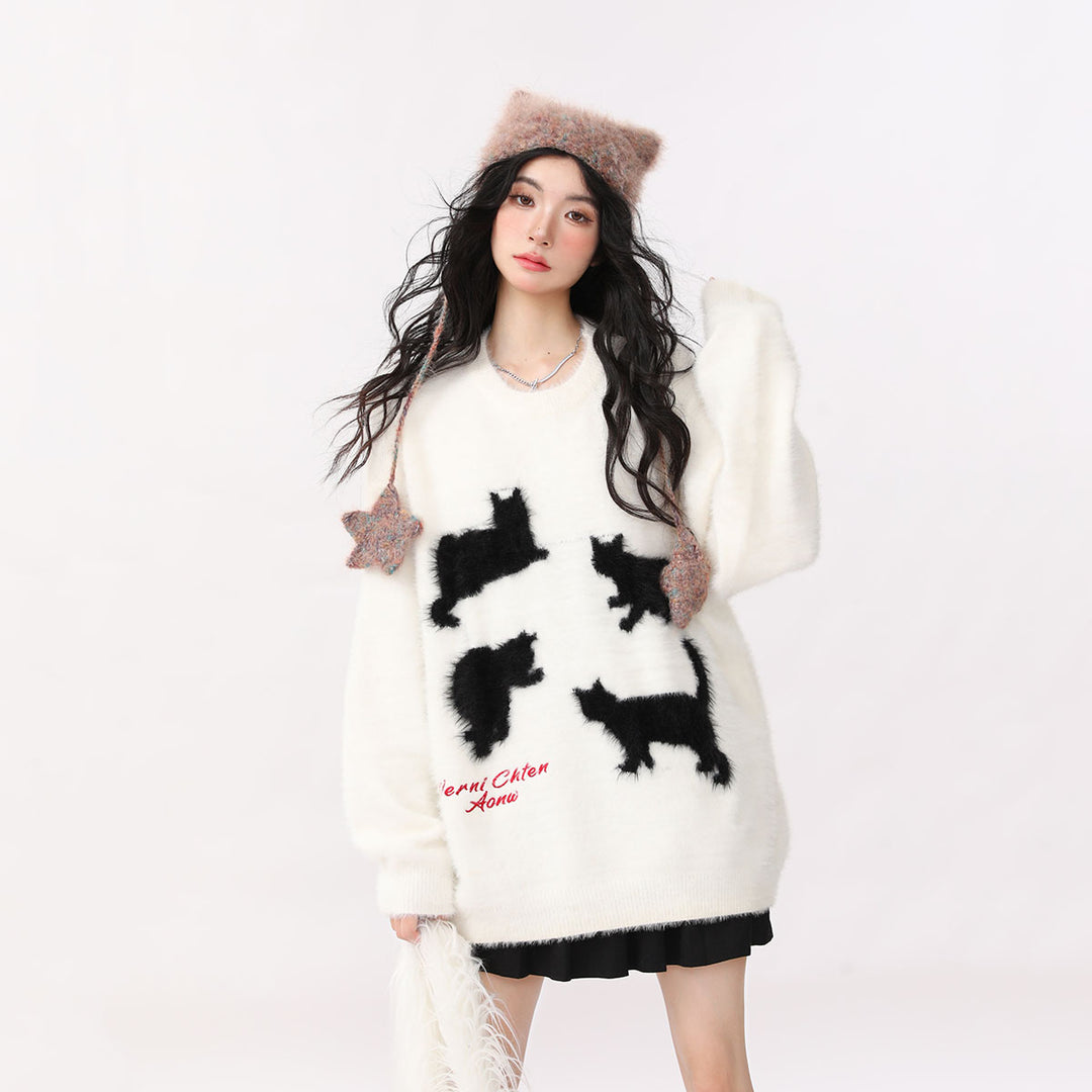 Loose Cat Print Round Neck Sweater