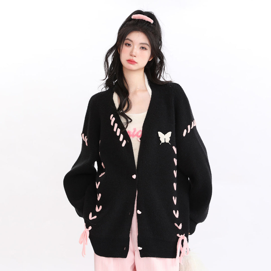 Butterfly Ribbon Heart-Shaped Button Cardigan Sweater Coat