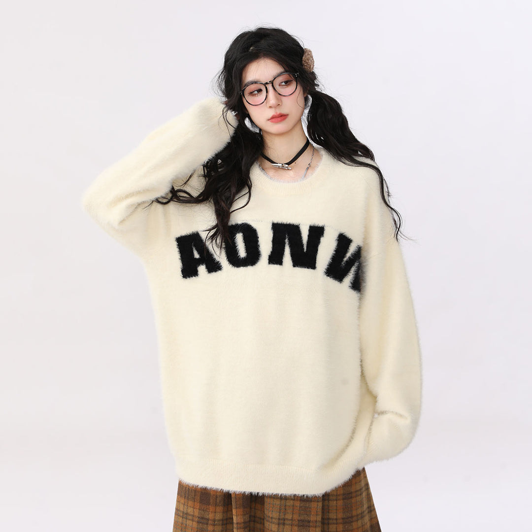 Vintage Casual Loose Round Neck Letter Sweater