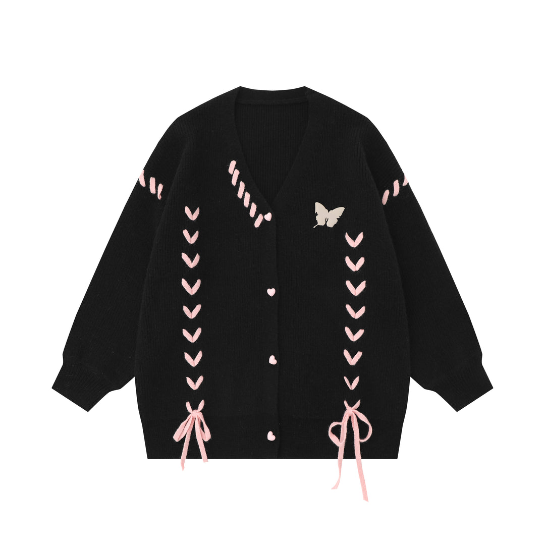 Butterfly Ribbon Heart-Shaped Button Cardigan Sweater Coat