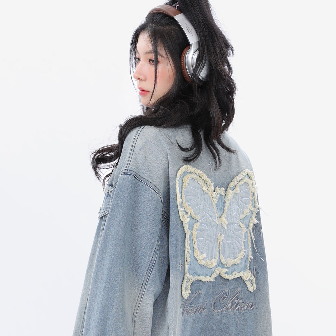 Vintage Distressed Casual Loose Butterfly Embroidery Denim Jacket