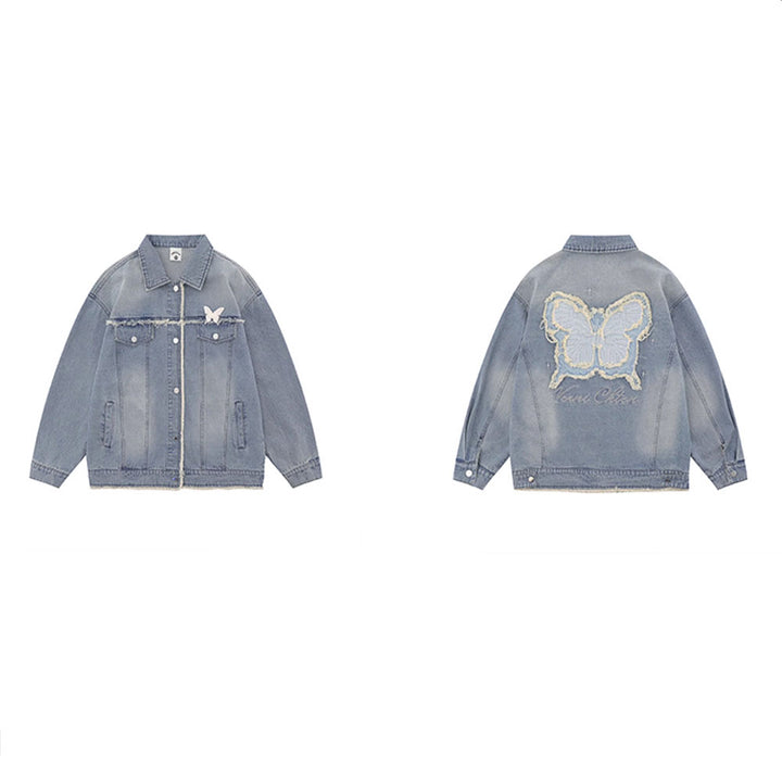 Vintage Distressed Casual Loose Butterfly Embroidery Denim Jacket