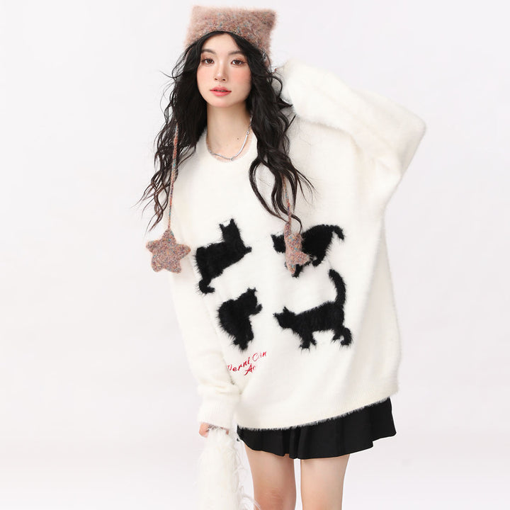 Loose Cat Print Round Neck Sweater