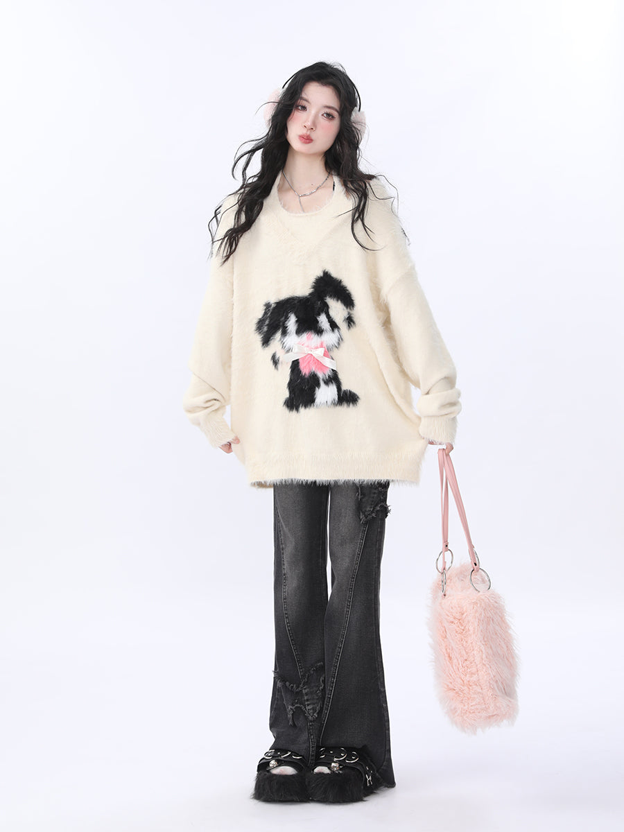 Round Neck Cartoon Print Sweater