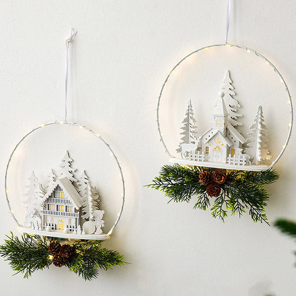 Whimsical Christmas Wreath Ornament - Elk and Snowman Castle Designs