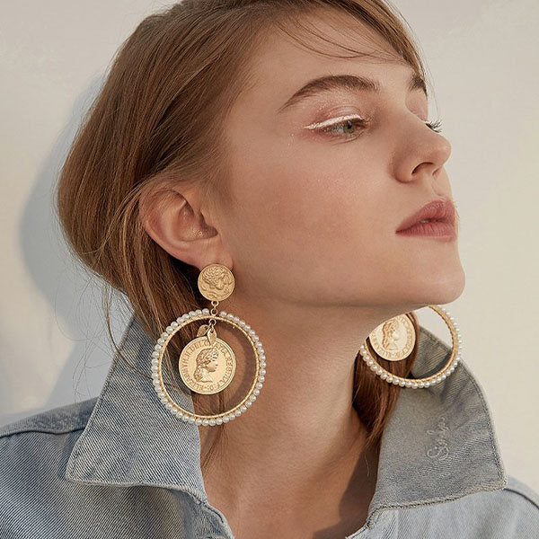 Classic Coin Inspired Pearl Hoop Earrings