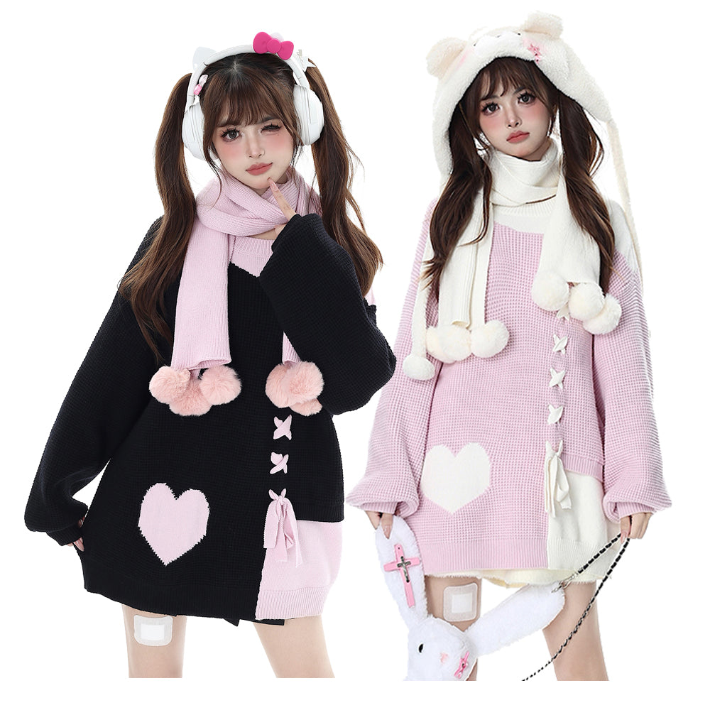 Heart Pattern Crossed Straps Decor Round Neck Sweater with Scarf
