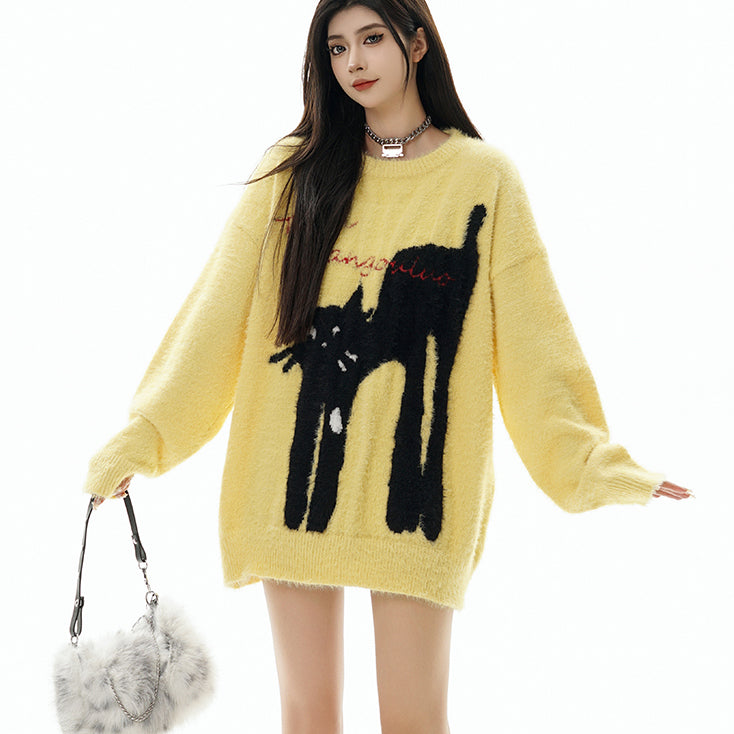 Cat Print Round Neck Yellow Autumn/Winter Sweater