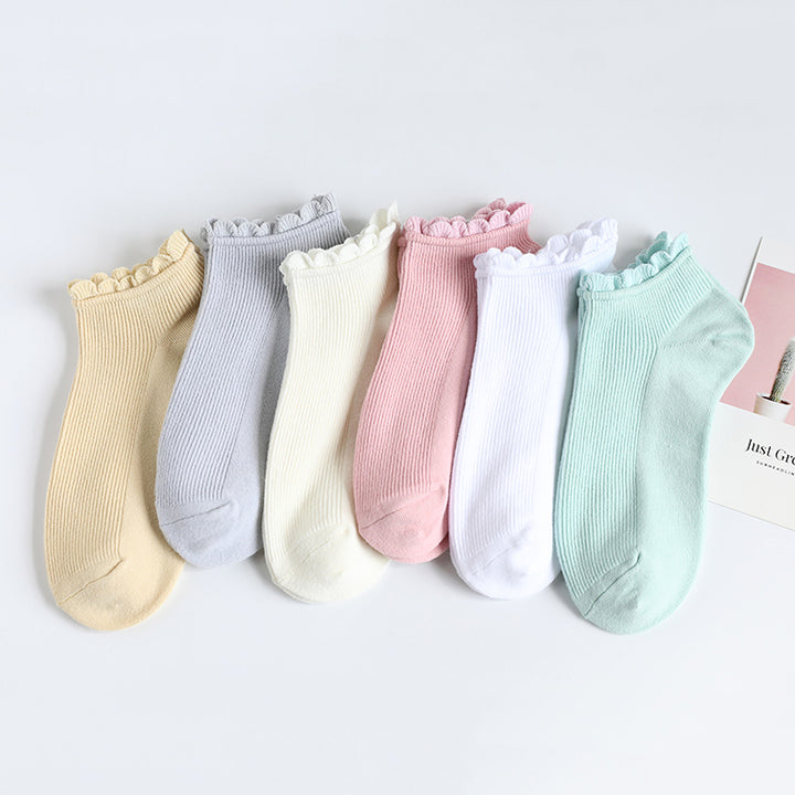 Lace Trim Spring/Summer Cotton Socks 6 Pairs/set