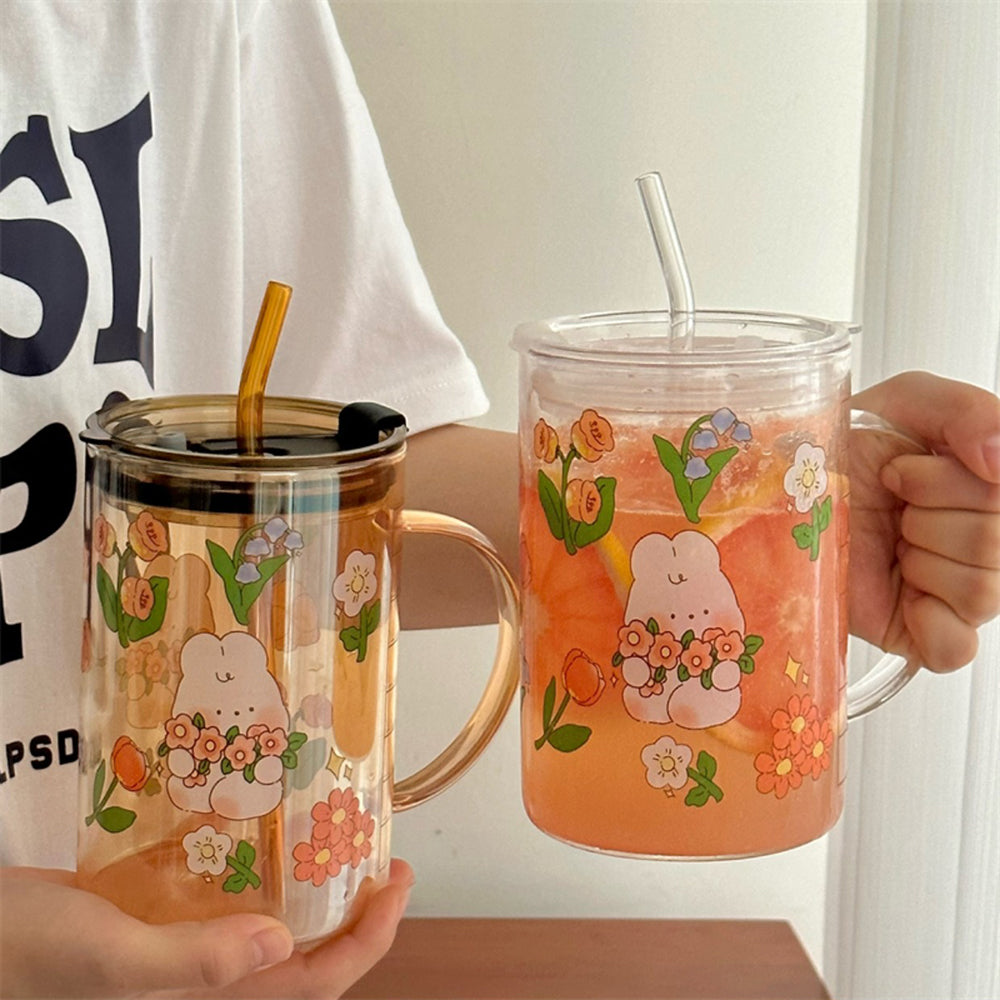 Korean Style Rabbit and Flower Print Glass Cup