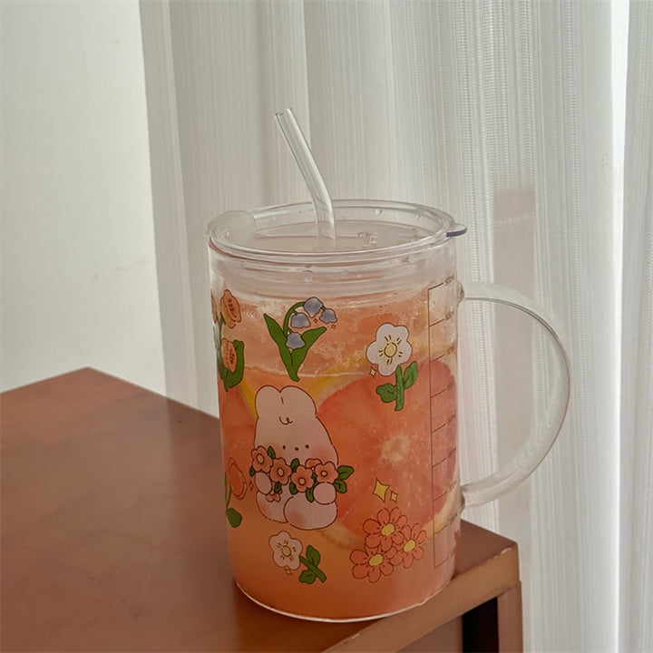 Korean Style Rabbit and Flower Print Glass Cup