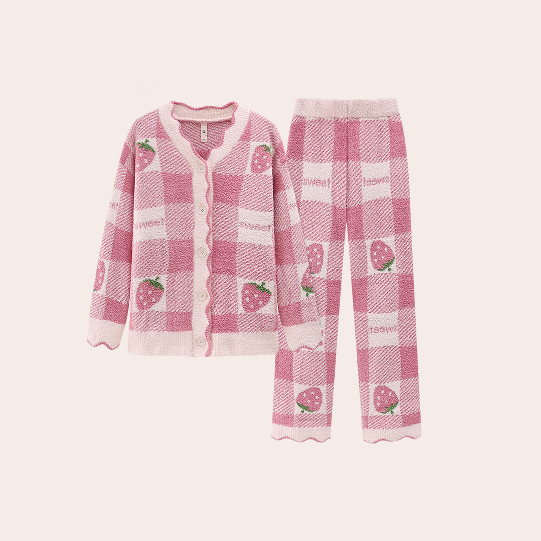 Strawberry Fleece-Lined Thickened Cardigan Home Wear Set