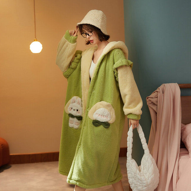 Cute Rabbit Fleece-Lined Thickened Coral Fleece Robe Autumn Winter Pajamas