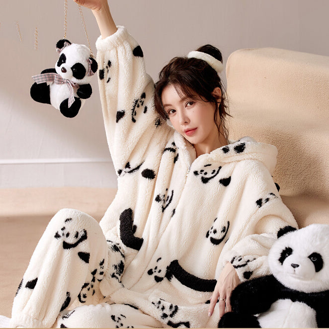 Panda Pattern Thickened Coral Fleece Winter Homewear Pajamas