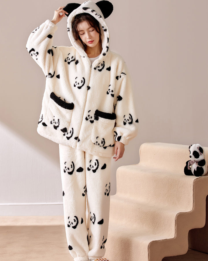 Panda Pattern Thickened Coral Fleece Winter Homewear Pajamas